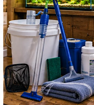 Aquarium Maintenance Station Under $300: Water Change Pump, Buckets, Test Gear and Towels editorial aquarium equipment image