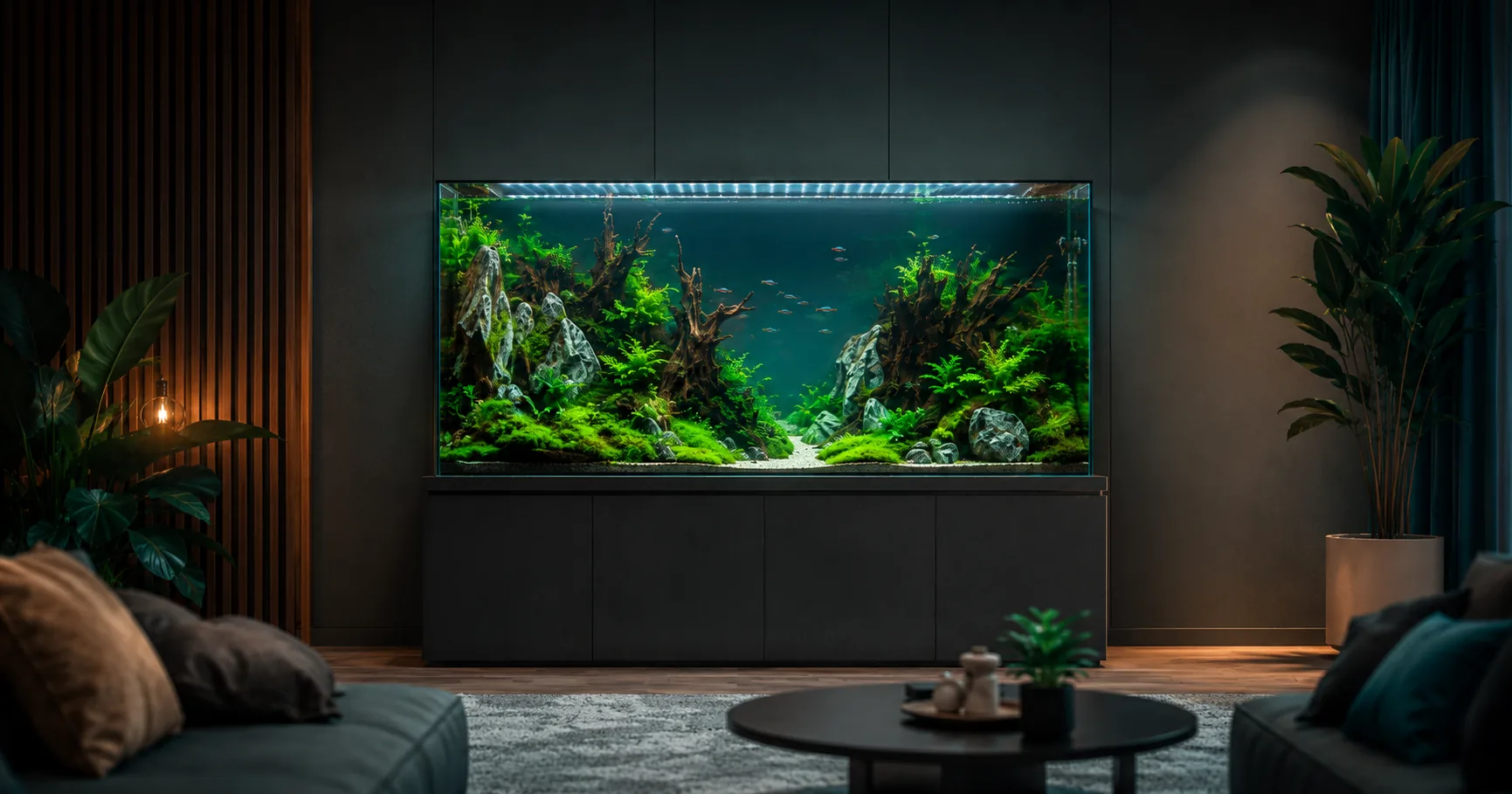 A fully aquascaped planted aquarium glowing in a dark modern living room