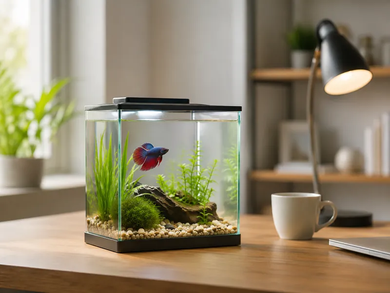 Small nano desktop aquarium with a betta fish